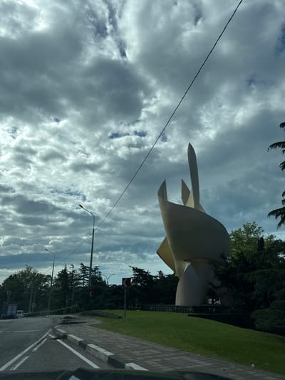 The image depicts the monument "White Swan" located in Novomikhaylovsky, Russia. The sculpture, a light-colored abstract form resembling a swan, is positioned against a backdrop of cloudy sky and green trees. A utility wire diagonally crosses the upper portion of the frame. Streetlights line a road adjacent to a grassy area. The photograph appears to have been taken from within a vehicle.