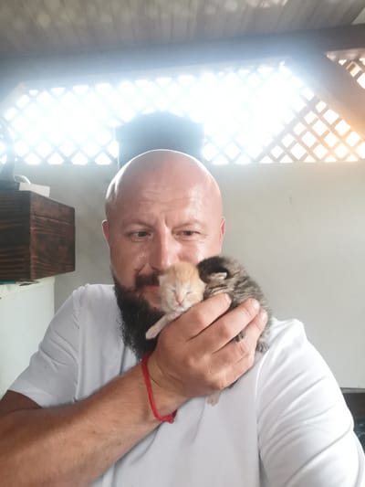 The media file is a close-up, selfie-style photograph featuring a bald, bearded man in a white t-shirt. He is holding two very young kittens in his hand, one light orange and the other tabby. The man appears to be outdoors, with a wooden lattice structure and bright light suggesting daytime, possibly sunny weather. In the background, a dark wooden box or cabinet is visible to the left. The man's expression is neutral, and the kittens appear to be sleeping or resting. A red string is tied around the man's wrist. The scene is likely a casual, domestic setting in Semypolky, Ukraine. There is no visible text in the image.