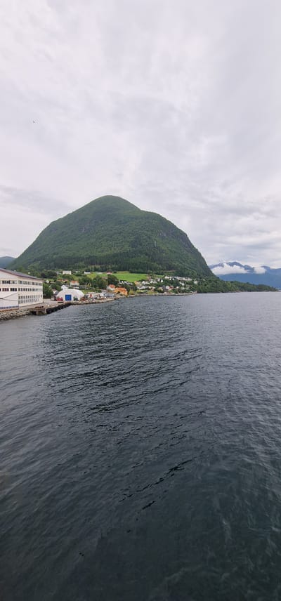 A wide, slightly overcast view captures a serene body of water in front of a small coastal town nestled at the base of a large, tree-covered mountain. In the foreground, dark, rippling water dominates the lower half of the image. Along the left edge, a long, white industrial building with numerous windows stands on a pier. Beyond the building, a cluster of colorful houses, some with red roofs, dots the shoreline. The mountain behind the town is a lush green, its slopes covered in dense trees. The sky above is a muted gray with scattered clouds. In the distance, further mountains are visible, some with snow-capped peaks. The scene appears to be a quiet, picturesque landscape typical of a Norwegian fjord.