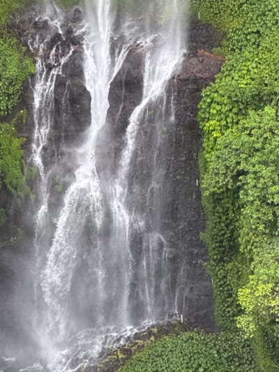 The image displays a multi-tiered waterfall within the natural environment of Sekumpul, Indonesia. Cascading white water streams down a dark, rugged rock face that dominates the central and left areas of the frame. Significant mist rises from the impact zones of the falling water. Dense, vibrant green vegetation, comprising various types of foliage, extensively covers the right side of the rock face and portions of the left, bordering the waterfall. At the base of the visible cascade, water flows over dark, jagged rocks, which are partially covered by additional green vegetation. No individuals or man-made objects are discernible.