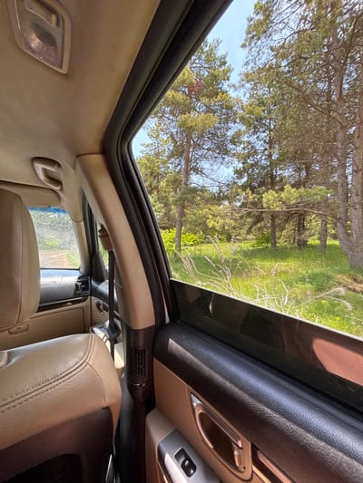 The image shows a view from the inside of a car looking out a partially opened window. The interior of the car features beige leather seats and a tan headliner. The exterior view reveals a sunlit, grassy area with several tall pine trees. The ground appears to be a dirt road or path. The sky is blue with some scattered clouds. The scene is likely a rural or natural setting, possibly a forest or park. The specific location of Tsamakaberd, Armenia is not discernable from the visual information provided in the image.