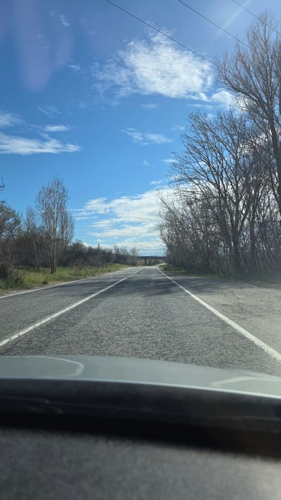 An upward-angled, landscape-oriented photograph depicts a paved asphalt road with a solid white line marking its edge. A light-colored car door or frame is visible on the right side. The left side of the road is lined with bare trees, and beyond them is a bright blue sky with scattered white clouds. In the distance, what appears to be a bridge or overpass can be seen above a line of low-lying vegetation. The image appears to be taken from inside a vehicle moving along the road. The location in the city of Slatino, Bulgaria cannot be confirmed from visual data.