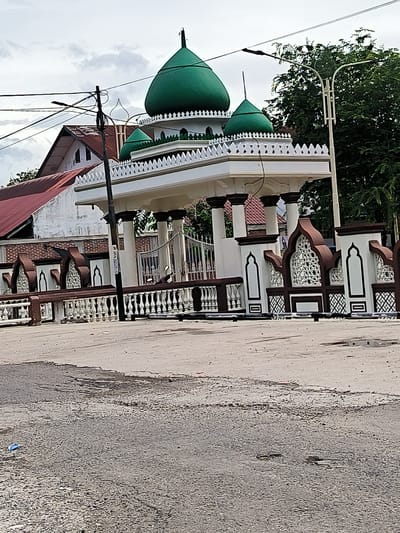The image displays an outdoor scene, likely in Dua Paya, Indonesia, centered around a decorative architectural structure strongly resembling a mosque's entrance or a part of a mosque complex. The most prominent features are two bright green domes of different sizes, sitting atop a white structure adorned with a white scalloped or crenellated parapet. Another smaller green dome is visible behind the main structure.
The structure itself is predominantly white, featuring dark brown columns and elaborate white and brown decorative elements forming a low fence or balustrade in the mid-ground. These decorations include intricate geometric patterns and arched designs, characteristic of Islamic architecture. Behind this fence, a metal gate can be seen. In the background, a simple residential building with a red-tiled roof and white walls is partially visible.
Overhead, multiple utility poles with a network of black power lines cross the frame. A modern street light pole, white with a curved arm and dual fixtures, stands to the right, partially obscured by green foliage. The sky is overcast, suggesting a cloudy daytime setting.
The foreground is composed of a paved road or ground surface, which appears somewhat worn and textured. No individuals or specific activities are clearly visible in the scene. A small, white rectangular sticker or sign with unreadable text is affixed to one of the utility poles. The overall impression is of a well-maintained, culturally significant public space.