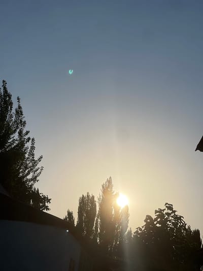 The image shows a bright, hazy sky with the sun peeking through tall, silhouetted trees. In the foreground, the dark roofline of a building is visible, and a faint blue light can be seen on the side of the structure. The trees are dense and their leaves are dark against the bright sky. The scene appears to be taken at dusk or dawn, given the low angle of the sun and the soft, diffused light. There are no people or animals visible in the image. The location is identified as Кызыл-Тоо, Kyrgyzstan.