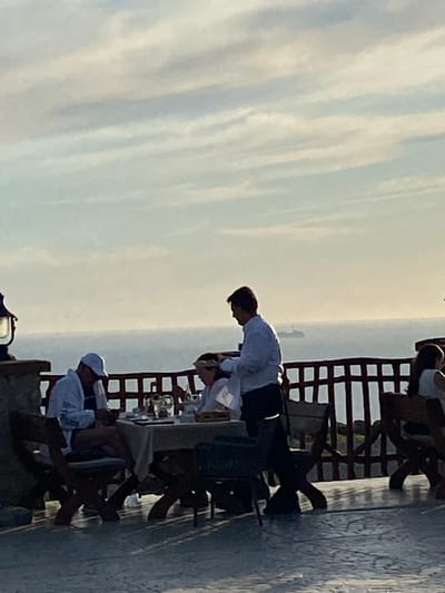 In Zagora, Montenegro, at dusk, a group of people are dining on a terrace overlooking the sea. A waiter in a white shirt serves a meal to a woman in a white top, who is seated at a table with a man in a white jacket and a white cap. The man is looking down at his plate, while the waiter is leaning forward to place food on the table. In the distance, a cargo ship sails on the calm sea under a sky filled with streaks of clouds. The terrace is furnished with wooden chairs and tables, and a dark railing separates it from the water. The lighting suggests the sun has recently set, casting long shadows on the tiled floor.