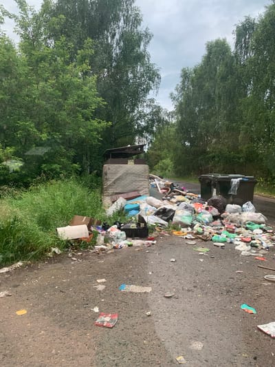 In Krutets, Russia, the image depicts a roadside scene heavily littered with various forms of refuse. In the foreground, the asphalt road is strewn with plastic bags, bottles, paper packaging, and food containers, suggesting a significant amount of carelessly discarded waste. Further back, near a grassy verge, a large mattress lies on its side, alongside overflowing trash bags and scattered debris. Adjacent to this pile of garbage are two large, dark green refuse bins, one of which appears to be open and partially obscured by plastic sheeting. Behind the bins, a dirt road recedes into the background, bordered by dense green trees. The sky is overcast, contributing to a somber atmosphere. The scene as a whole conveys a sense of neglect and environmental pollution.