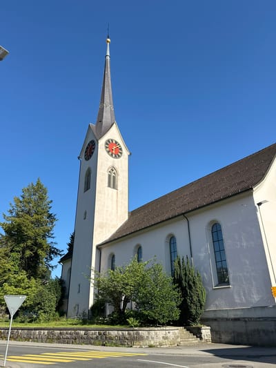 The image shows the Evangelical Reformed Church in Wald (ZH), Switzerland, on a clear, sunny day. The church features a tall, white bell tower with two prominent clock faces, each displaying Roman numerals and red hands. The tower is topped with a dark spire and a golden finial. Adjacent to the tower is the main body of the church, with a dark-tiled roof and white walls. Several arched windows with dark panes are visible along the side of the church.

In the foreground, a yellow and white striped pedestrian crossing marks a street. To the left of the church, a mature evergreen tree stands tall. The area around the church is landscaped with stone walls, bushes, and trees. A triangular white and grey road sign is also present on the left side of the image. The sky is a vibrant, cloudless blue. There are no people or animals visible in the scene.