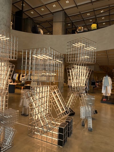 The image depicts the interior of a contemporary retail space, possibly a clothing store, located in the Qinhuai District of China. The foreground is dominated by abstract sculptures made of metal grids and illuminated with fluorescent lights, creating a modern and artistic ambiance. These sculptures are arranged in various geometric forms, some resembling cubes and others more complex, angular structures.

In the mid-ground, clothing racks displaying a variety of garments are visible, suggesting a commercial setting. People are present, including one individual near the clothing racks who appears to be browsing or attending to the merchandise. Further back, on a raised level accessible by stairs, more clothing displays and a railing overlooking the main floor are present. Two individuals are visible on this upper level, one wearing a yellow shirt and another with a backpack, interacting or observing the scene below.

The environment features a polished concrete floor, concrete columns, and an overhead ceiling with recessed lighting. The overall aesthetic is minimalist and industrial, with the illuminated sculptures serving as a focal point. The lighting creates a warm glow, highlighting the metallic textures of the sculptures and the clothing. The scene is well-lit, with natural and artificial light sources contributing to the overall visibility.