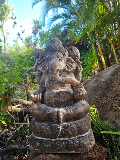 A stone statue of Ganesha, a deity with an elephant head, sits in a cross-legged position on a lotus-shaped base in a garden. The statue is weathered and appears to be made of dark, rough stone. Ganesha is depicted with multiple arms, some holding objects. The statue is surrounded by lush green foliage, palm trees, and bamboo stalks, suggesting a tropical or subtropical environment. A large, rough-textured rock is visible to the right of the statue. The sky is visible in the background, with some sunlight filtering through the leaves. The scene is captured in an outdoor setting, likely a garden in Napili, United States of America.