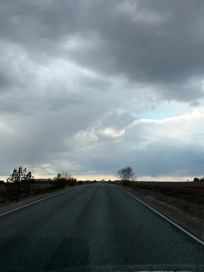 The image shows a long stretch of asphalt road extending into the distance. On either side of the road, there is dry grassy terrain. In the distance, a thin line of trees is visible. The sky is overcast with heavy clouds, but there is a patch of lighter sky with hints of sunlight breaking through. The location is Perevoznoye, Russia.