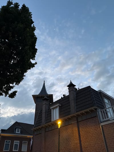 A low-angle, full shot captures the upper facade of brick buildings against a twilight sky in Boxtel, Netherlands. A large, dark green tree occupies the left portion of the frame, its branches silhouetted against a cloudy sky dotted with a faint crescent moon. The buildings feature dark tiled roofs with dormer windows, and several chimneys, one topped with a small pointed cap. A distinct turret with a pointed roof juts out from one building. A street lamp with a bright yellow glow illuminates the lower right section of a brick wall. To the left, a smaller brick building with several windows is visible, with a flag hanging between two of them. The overall scene depicts an urban twilight setting.