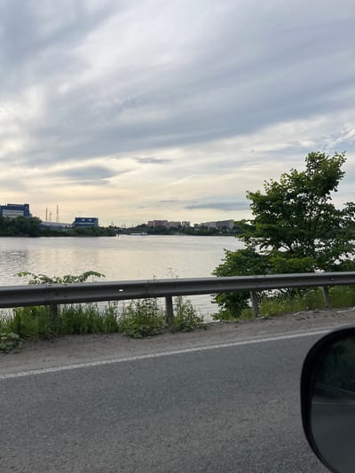 This is a landscape photograph taken from a slightly elevated perspective, likely from a moving vehicle given the angle and the presence of a car's rearview mirror in the upper right corner. The scene depicts a wide, calm river with buildings and trees lining its far bank. A grey metal guardrail runs along the right side of the image, separating a paved road from a grassy embankment. The sky is filled with wispy, elongated clouds, suggesting it is either early morning or late evening. The lighting is soft, and the overall mood is serene and tranquil. There is no visible text in the image. The location context provided is Krasnaya Zarya, Russia.