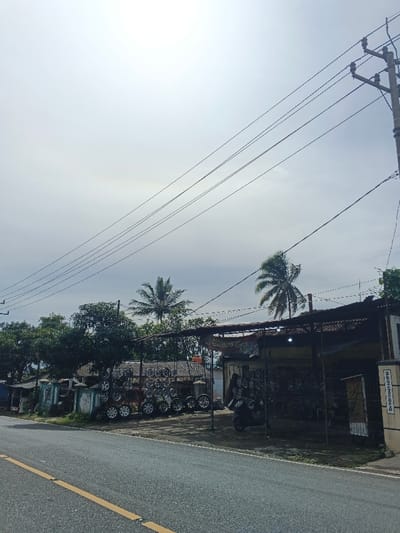 The image displays an overcast daytime scene along a roadside in Carcar, Philippines, featuring a shop specializing in car rims. In the foreground, an asphalt road with a double solid yellow line is visible.
To the right of the road, a commercial establishment, likely an automotive shop, is prominently featured. Numerous silver-colored car rims and wheels are extensively displayed, arranged on racks and hanging from the shop's open-sided structure, which has a corrugated metal roof. A dark-colored scooter or motorcycle is parked near the display. Behind this shop, lush green foliage and several tall palm trees are visible, with other simple buildings peeking through the greenery in the distance.
A tall utility pole with multiple power lines stretches diagonally across the upper right portion of the frame, extending over the shop and across the sky. The sky is bright but covered with a uniform layer of light gray clouds, indicating an overcast day. No people are visible in the scene.
On a vertical signpost at the far right edge of the shop's structure, the partial text "PRIMA...SIA" is visible. Another banner above the car rim display appears to have text, but it is too blurry to be deciphered.