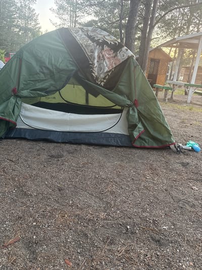 The rotated image captures a peaceful outdoor camping scene in Zerendi, Kazakhstan, likely during the soft light of early morning or late afternoon. A green camping tent dominates the foreground, pitched on gravelly ground mixed with pine needles and small debris.
A patterned blanket, featuring muted floral or possibly animal designs, is draped over the upper front portion of the tent. The tent's entrance is partially open, revealing a light-colored inner lining and a mesh interior. Faint, blurred text, including the word "OUTDOORS," is visible on the inner tent fabric, likely part of a brand logo. Beside the tent's base, a crumpled blue plastic bag and a small metallic object are present.
In the background, tall pine trees rise prominently, their trunks and branches creating a natural canopy. Soft, warm sunlight filters through the trees, creating a hazy glow. Beyond the foliage, several wooden structures are visible: a small, open-sided gazebo or cabin with latticework, and the framework of a larger wooden shelter or picnic area. No people are seen in the frame. The overall setting suggests a calm, natural environment typical of a forest or designated campsite. The ground texture of small grey pebbles and dry pine needles is distinct.