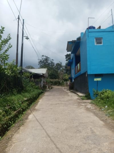 The image displays an upward-sloping concrete path in Ura-Dozhi, Bhutan, under an overcast sky. On the left side, a concrete drainage ditch parallels the path, bordered by dense green vegetation and overgrown plants. Further left, two dark utility poles support multiple overhead power lines and a single street light. Beyond these poles, a single-story structure with a light-colored, possibly corrugated metal, roof and wooden support beams is partially visible. On the right, a multi-story building, painted bright turquoise blue, features a dark grey lower foundation. This building includes a small, white-framed window on its upper section and a balcony on a lower level where several articles of clothing are hanging to dry. A green rectangular sign with white text is affixed to the blue wall near ground level. The roof of the blue building supports a blue cylindrical water tank within a metal framework. The background consists of dense green trees and foliage. No individuals are present in the scene.