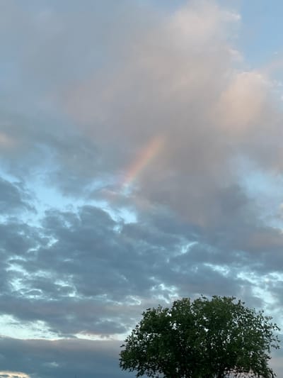 The image captures a sky scene with clouds and a partial rainbow. The lower portion of the image features the top of a tree with green foliage. The sky is a mix of blue and various shades of gray and white clouds. A faint rainbow is visible in the upper central part of the sky, appearing as a band of pastel colors. The lighting suggests it might be during dawn or dusk. The environment appears to be outdoors, possibly in a natural setting or a park, given the presence of the tree. There are no people or specific city landmarks identifiable in the image to confirm its location in Aqsu city administration, Kazakhstan.