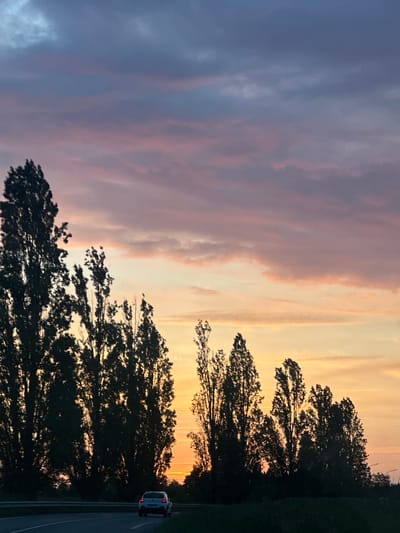 This image, likely taken in Gometz-le-Châtel, France, shows a sunset sky transitioning from purple-grey clouds on the left to orange-yellow hues on the right. Silhouetted trees line the horizon, and a road with a single vehicle is visible in the lower right. The overall scene conveys a sense of rural or suburban tranquility at dusk.