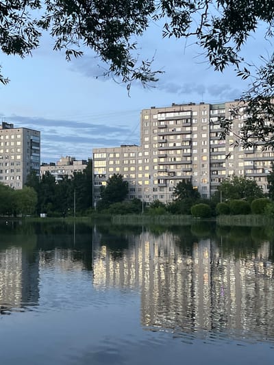 This is a vertical, slightly angled, full shot of a reflected apartment buildings in a body of water at dusk. The scene shows two multi-story, concrete apartment buildings with many windows, some of which are illuminated. Trees are visible between the buildings and line the edge of the water. The sky above is a dusky blue with faint clouds. A tree with dark green leaves is in the foreground on the left, framing the buildings. The reflection of the buildings and trees is distorted by ripples on the water's surface, creating an abstract, wavy pattern. The lighting suggests it is either early morning or late evening. The location is Borisova Griva, Russia. There is no visible text in the image.