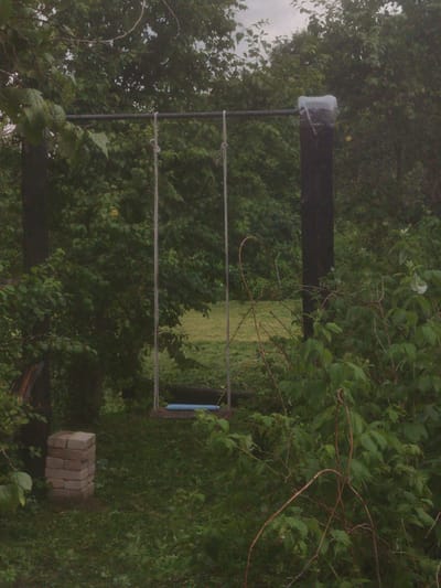 The image depicts a wooden swing set set against a backdrop of dense green foliage, suggesting a natural or overgrown environment. The swing set consists of two vertical dark-colored posts supporting a horizontal bar. Hanging from the bar are two ropes, each attached to a blue seat, though only a portion of the seats is visible. One of the posts appears to have a makeshift covering made from a plastic bottle secured with tape. To the left of the swing set, a small stack of bricks rests on the grassy ground. The overall impression is of an abandoned or rustic playground, possibly in a rural setting within Demyansk, Russia, given the specific context. The scene is overcast, contributing to a subdued lighting.