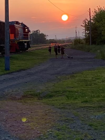 This image depicts a rural scene at sunset, likely in Kraskino, Russia, given the provided context. The primary subjects are a train engine in the foreground and a group of cows being herded along a gravel path beside a set of train tracks. The sun, a bright orb low in the sky, casts a warm, orange glow across the scene, suggesting it is late evening. The weather appears calm and clear, with the soft light creating long shadows and a tranquil atmosphere.

In the foreground, a red and blue train engine is partially visible, positioned on the tracks. To the left of the tracks, a line of trees and vegetation frames the view. Further down the tracks, a group of several cows, appearing dark against the light, are being moved along the path. One person, dressed in dark clothing, is visible behind the cows, holding a long pole or staff, likely guiding the animals. The path itself is made of gravel and runs alongside the tracks, bordered by green grass on the right side of the image.

A notable detail is a small, bright yellow object, possibly a ball, visible on the grassy area to the right, adding a subtle touch of color to the otherwise subdued palette of the sunset. The overall mood is peaceful and pastoral, capturing a moment of rural life as the day draws to a close. There is no visible text in the image.