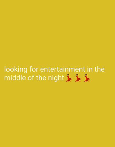 The image depicts a solid yellow background with the text "looking for entertainment in the middle of the night" in white font and three dancing woman emojis in red dresses. The coordinates provided, -7.75 latitude and 114.232 longitude, place the image in Kecamatan Asembagus, Indonesia. The emojis are positioned to the right of the text.