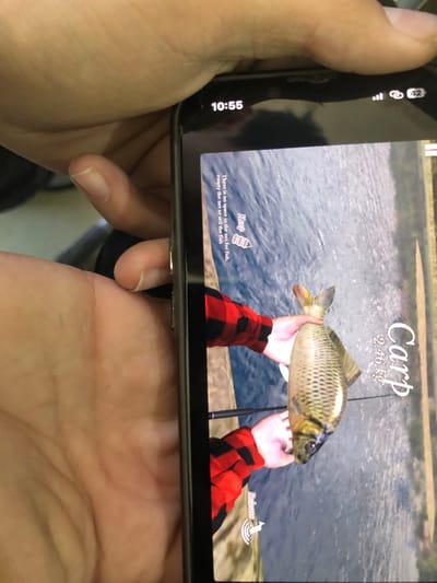 An overhead photograph captures a pair of hands holding a black smartphone horizontally, positioned in an indoor or shaded environment within Ortabatumi, Georgia. The smartphone screen displays a vertical fishing video game interface. On the game screen, a virtual character's arms, clad in a red and black plaid shirt, are holding a mottled grey and gold carp against a backdrop of blue water, likely a lake or river, with distant green land. Overlayed text identifies the fish as "Carp" weighing "2.46 kg." Another text box, partially visible at the top left of the game screen, states, "There is no space in the net for fish, empty the net or sell the fish," accompanied by a "Keep" option with a net icon. The phone's status bar at the top displays the time "10:55" and partially visible signal and battery indicators. The hands holding the phone are light-skinned, with visible knuckles and short fingernails, indicating an active engagement with the gaming device.