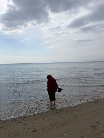 The image captures a single individual standing at the water's edge on a sandy beach in Γεωπονικά, Greece. The person is viewed from behind, with reddish hair, wearing a dark red long-sleeved top and a dark, patterned skirt. Their bare feet are partially submerged in the shallow, rippling water. A pair of blue flip-flops is held in the individual's left hand. The foreground consists of light brown sand with scattered small pebbles. The sea extends calmly to the horizon, meeting a partially cloudy sky that features both light blue sections and significant grey cloud formations. No other individuals or prominent land features are visible.