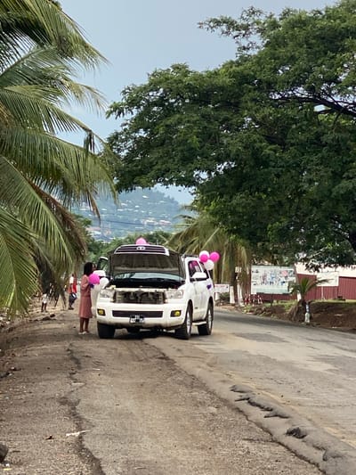 The image shows a white SUV parked on the side of a paved road in Bonadikombo, Cameroon, at coordinates 4.048, 9.218. The hood of the vehicle is open, and there is a woman standing next to it. She is holding pink and white balloons. The SUV has a license plate that reads "CM 156". There is a palm tree in the foreground, and several buildings can be seen in the background. The scene is overcast and the ground is wet. The road is in poor condition, with several potholes and cracks. The trees in the background are green and lush.