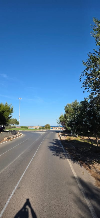 The image depicts a road in Canet d'en Berenguer, Spain. The road curves slightly, with a white line marking its edge. Vegetation, including trees and bushes, lines one side of the road. In the distance, there is a view of the beach and the sea. The sky is clear and blue. The scene appears to be captured during the daytime, with shadows cast by trees along the road. People are faintly visible in the distance, near the beach. A lamppost stands adjacent to the road. The overall impression is a sunny coastal road scene.