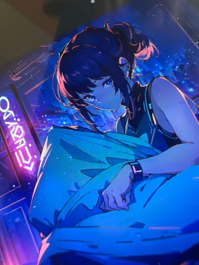 An anime girl with short, dark hair, blue eyes, and a black wristwatch is depicted in a digitally-rendered scene. She's wearing a futuristic-looking dark outfit. A blue jacket is draped over her arm. Behind her is a cityscape with neon lights, the most prominent spelling "Crazy.do" in stylized letters. The overall color palette is dominated by blues and purples, lending a cyberpunk aesthetic.