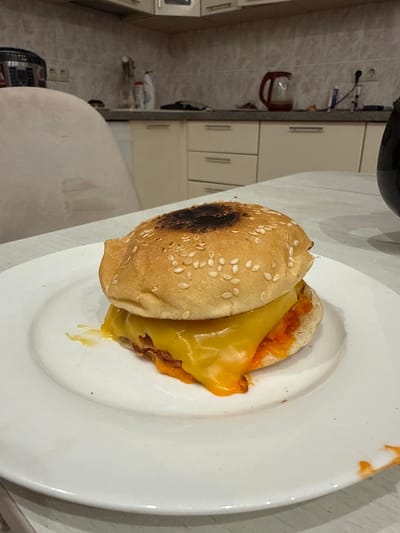 A sesame seed bun sandwich with melted cheese on a white plate is on a surface in a kitchen. The top bun is slightly burned. The location is unspecified, and there's no evidence of it being in Перепечино, Russia.