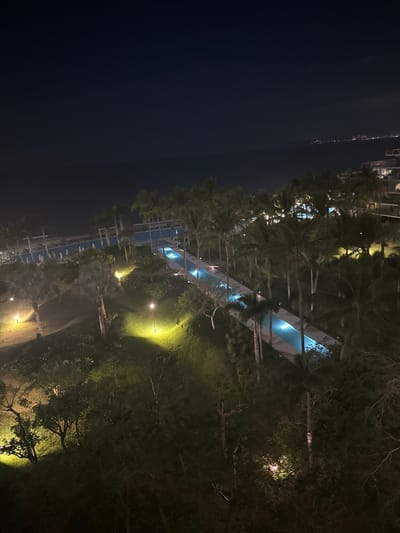 Night scene showcasing a resort or high-end residential complex. Buildings line the left side, adjacent to a dark body of water, possibly an ocean. A row of palm trees illuminated by hidden lighting runs parallel to a long, narrow pool of water. A grassy lawn with several lights and patches of trees occupies the right side of the image. The overall ambiance is serene and luxurious.