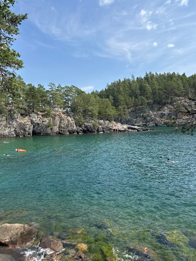 This is a landscape photograph taken on a clear, sunny day, likely during the summer months, at a rocky shoreline in or near Karlsborg, Sweden. The image captures a body of water with a rocky, tree-lined cliff face in the background.
The foreground features a rocky shore with clear, turquoise water revealing submerged rocks and vegetation. The water is slightly choppy, creating small ripples on the surface.
In the middle ground, the water is populated with several individuals engaged in recreational activities. Some are swimming, while at least one person is on an orange inflatable raft. A person with a snorkel and mask is visible swimming further out.
The background consists of a steep, rugged cliff face covered in dense green coniferous trees. There are several people visible on the rocks at the top of the cliff, some of whom appear to be standing at the edge, possibly preparing to jump into the water. A few more individuals are seated or standing on the rocky ledges.
The sky above is blue with scattered white, wispy clouds, indicating fair weather. The overall impression is a scene of outdoor leisure and activity in a natural, scenic environment.