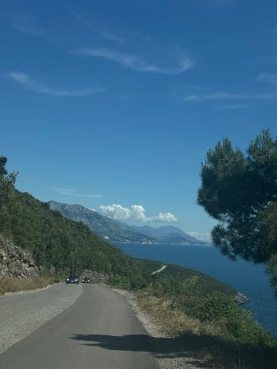 The scene shows a road curving along a mountain near the city of Višnjevo, Montenegro. The road surface is asphalt, with a shoulder on the right side. There are two dark-colored vehicles, possibly cars, with headlights on, driving on the road. The mountains are partially covered in green vegetation. The Adriatic sea and distant mountains are visible in the background under a clear blue sky with scattered clouds. A tree is partially obscuring the top of the frame. A shadow is cast on the road.
