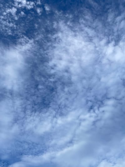 A cloudy sky over the city of Lokeren, Belgium. The sky is a vibrant blue with numerous white clouds scattered across it. The clouds appear to be thin and wispy in some areas, while others are more dense and fluffy. The overall impression is one of a bright and breezy day.