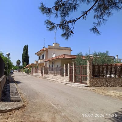 The image captures a street scene in Grumo Appula, Italy, on a clear, sunny day. The perspective is from the middle of an asphalt road, looking towards a residential area. On the right side of the road, a light-colored house with a red-tiled roof is visible, bordered by a stone wall and a metal fence. The house has balconies and windows, and several television antennas are present on its roof. Adjacent to this property, another house with similar architectural features is partially visible.
On the left side of the road, a dark-colored fence runs along the sidewalk, which includes a concrete drainage grate. Further down the road, a lamppost with a spherical light fixture stands next to the fence. In the distance, a very tall, slender cypress tree is prominent, along with other trees and vegetation, including a palm tree. The sky is a clear, bright blue, with pine branches and cones visible in the upper portion of the frame. The bottom right corner of the image displays a date and time stamp: "16.07.2026 14:25". The overall impression is one of a quiet, suburban street in a warm climate.