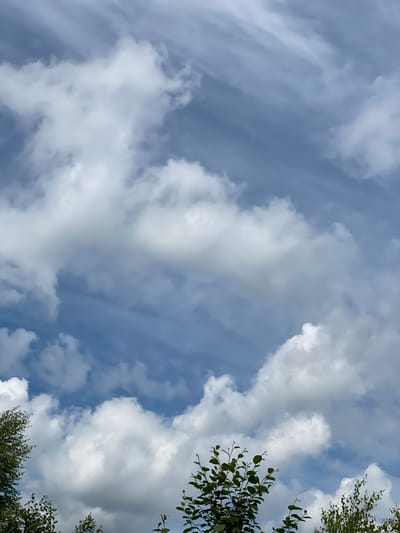 This is a vertical, medium shot, eye-level photograph of a cloudy sky above the city of Plintovka, Russia. The sky is predominantly blue, with streaks of white and grey clouds. The clouds appear to be moving from left to right, as indicated by the streaky appearance of some of the clouds. The lower part of the image shows the tops of several trees, with green leaves. The lighting suggests it is daytime, possibly late morning or early afternoon. There are no people or animals visible in the frame. The overall impression is one of a natural, outdoor scene.