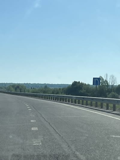 The image shows a highway in Тарасово, Russia. A metal guardrail separates the road from a wooded area. The road surface is gray asphalt with painted white lane markings. A blue road sign is visible beyond the guardrail, partially obscured by trees. The sky is light blue and clear. The photograph appears to have been taken from a moving vehicle.