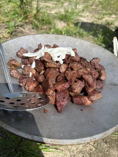 The image displays a close-up view of diced, cooked beef and slices of white onion piled on a round, dark metal pan. A slotted metal spatula rests on the left side of the pan. The pan is situated outdoors, on the ground, with green grass and sandy soil visible in the background. The lighting suggests it is daytime. The image quality is moderately sharp, capturing the texture of the meat and onions. There is no clear indication of the specific location within Bolshiye Dvory, Russia.