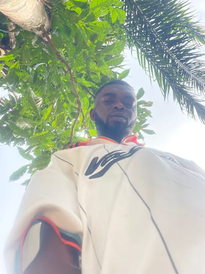 A low-angle shot shows a man with dark skin and a beard standing under trees with dense green foliage. The man is wearing a white shirt with black and red details. Above the trees, a bright sky is visible. The environment appears to be outdoors, with a tree trunk visible in the lower left and palm leaves visible in the upper left. The location is Ogbe, Nigeria.