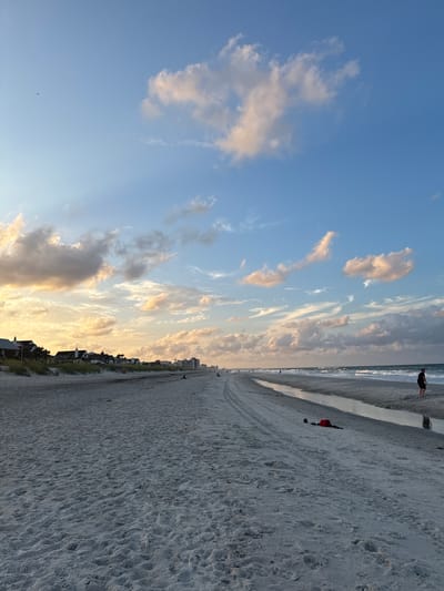 This is a photograph of a beach in Jacksonville Beach, Florida, United States of America, at dusk. The sand is light gray and appears somewhat wet near the water's edge. There are tire tracks on the sand, suggesting vehicle use. A small stream of water runs along the beach. In the distance, there are several houses and taller buildings visible along the coastline.
Several people are present on the beach. On the right side of the image, a person wearing dark shorts and a dark top stands facing the ocean. Further down the beach, other individuals are walking or sitting. In the middle ground, two red objects, possibly bags or towels, lie on the sand near the stream.
The sky is a gradient of blue and orange, with scattered clouds tinged with yellow and pink from the setting sun. A bird is visible in the upper left corner of the image. The ocean waves are breaking on the shore, creating a white foam line. The overall scene suggests a peaceful, early evening atmosphere at the beach.