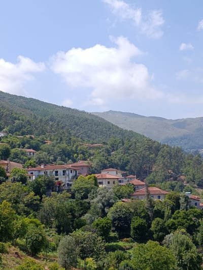 A high-angle, wide shot captures a village nestled into a verdant mountainside under a partly cloudy blue sky. The village features numerous residential buildings, characterized by their red-tiled roofs and white or light-colored facades. These homes are interspersed with dense green trees, creating a harmonious blend of architecture and nature. The mountainside is heavily forested with a mix of coniferous and deciduous trees, rising steeply in the background. Further in the distance, the rolling hills are covered in a lighter, sparser vegetation, with rocky outcrops visible on the peaks. The scene evokes a sense of tranquility and rural charm, indicative of a small village in the Portuguese countryside, likely Terras de Bouro, Portugal, known for its natural beauty and mountainous terrain. There are no people or animals visible in the frame.