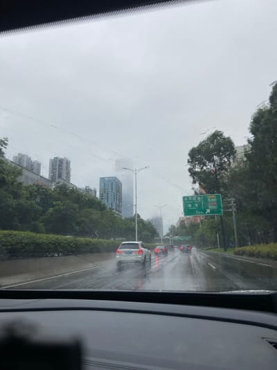 The image, captured from inside a vehicle on a rainy day, shows a highway scene in Luohu District, China. The windshield is streaked with raindrops, obscuring the view. In the distance, modern city buildings, including tall high-rises and residential complexes, are visible through the overcast sky. Trees and lush greenery line the side of the road. A green road sign indicates "Danping Expressway" and "Nanwan," with an arrow pointing towards "Gotel" and a distance of "1km." Several cars are driving on the wet, reflective highway, their brake lights illuminated. One white SUV is prominent in the foreground. The overall atmosphere is one of urban transit during inclement weather.