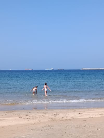 The image depicts a sunny day at a beach, likely in Sines, Portugal. Two young individuals, one appearing to be a child and the other a teenager, are standing in the shallow water at the edge of the sea. The child, facing away from the camera, is bent slightly, possibly playing or looking at something in the water. The teenager, also facing away, is standing upright with arms extended slightly to the sides. Both are wearing swimsuits.

The ocean is calm with gentle waves lapping the sandy shore. In the background, several cargo ships are visible on the horizon, indicative of a busy shipping lane. The sky is clear and a vibrant blue. The beach itself is composed of light-colored sand, with some debris scattered along the waterline. The scene is peaceful and suggests a recreational outing at the coast.