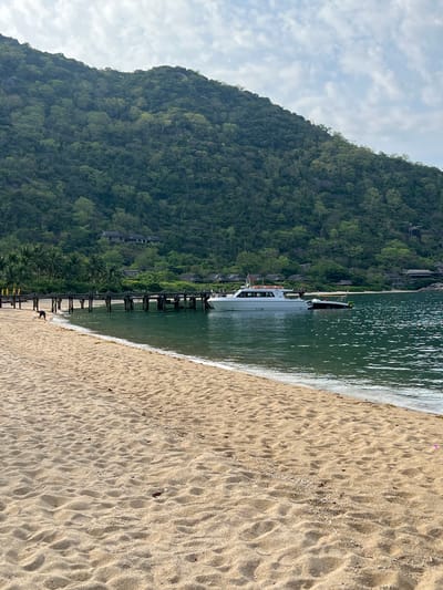 A wide, sandy beach in the foreground transitions to calm, turquoise water. A wooden pier extends from the left side of the frame into the water, with a white speed boat docked alongside it. A smaller, dark-colored boat is tethered to the speed boat. In the background, a densely forested green mountain rises, dotted with some buildings nestled amongst the trees. The sky above is a pale blue with scattered white clouds. A single black and white dog is visible on the sand near the pier. The scene suggests a tropical coastal location.