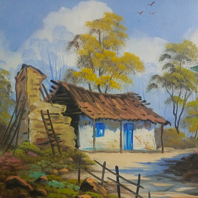 This is an oil painting depicting a rustic scene. In the foreground, a rickety wooden fence runs diagonally across the frame. Beyond the fence is a dirt path with patches of water reflecting the sky. To the left, a partially ruined stone structure stands, with a wooden ladder leaning against it. Adjacent to this, a small white house with blue doors and windows has a weathered, brown thatched roof. Trees with yellow and green foliage are scattered throughout the scene, and the sky is a bright blue with white clouds. Three birds are visible in the upper right portion of the sky. The overall impression is of a rural dwelling in a state of disrepair, possibly in a warm climate given the foliage and sky. The painting does not contain any discernible landmarks or specific details that would place it in Los Teques, Venezuela, or any other city.