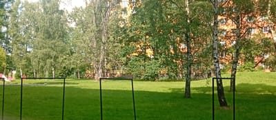 The image depicts a park area in Karviná, Czechia, with a large apartment building in the background. The building is several stories high and painted a warm orange color with numerous white-framed windows. In front of the building is a gently sloping green lawn dotted with mature trees, including several birches with their distinctive white and black bark. The foreground is dominated by a bright green, well-maintained lawn. Several black, rectangular metal frames are positioned in the lawn, suggesting the presence of a sports or play area, possibly for jump ropes or similar activities. In the far left background, a small playground structure with red and white elements is visible. The lighting suggests it is daytime, with sunlight casting shadows on the grass, indicating a clear day.