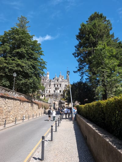 This photograph, taken in Sintra (Santa Maria e São Miguel, São Martinho e São Pedro de Penaferrim), Portugal, features Pena Palace. The palace, constructed of light stone, towers above a cobblestone road. A variety of trees frame the palace. On the right, a stone wall separates the cobblestone pavement from a raised area with more vegetation. Pedestrians stand in a small grouping on the cobblestone pavement beside the elevated vegetation; some are using the wall as a resting point. The ground level is comprised of a black-top street demarcated with a yellow stripe on the edge. A series of black cylindrical posts line the street. A rock wall, constructed of light colored stone, runs parallel to the street. The sky is blue with a scattering of white clouds.