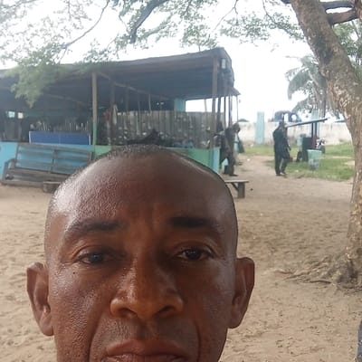A close-up selfie of an adult male with dark skin and a short-cropped or shaved head is centered in the foreground, facing the camera directly. His face appears to be sweating, with the upper forehead, eyes, nose, and mouth visible.
Behind the individual, an outdoor scene unfolds in Koko, Nigeria. The ground is unpaved, consisting of sand or dirt. To the left, a light blue, open-sided structure with a dark roof stands on wooden posts. Inside, indistinct figures, some appearing to be seated on benches, are visible, along with a prominent blue horizontal object.
Further back and to the right of the structure, several individuals, some clad in camouflage-patterned attire, are standing or moving on a dirt path. One figure in camouflage is positioned near a tree trunk on the right, while another is visible further down the path near a low, light blue and white wall. A small, dark wooden bench or table is present on the path. A large tree with visible roots and rough bark occupies the far right of the frame, with its branches extending overhead. The background features more sparse vegetation, the aforementioned wall, and the upper portion of a vehicle, possibly a van, behind the wall. The sky is overcast.
