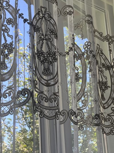 A close-up shot captures a lace curtain adorned with floral and ribbon motifs, obscuring a sunlit window. Through the sheer fabric, green foliage and a bright blue sky are visible, suggesting an outdoor scene. The curtain's intricate pattern, featuring oval shapes filled with basket-like designs and delicate floral accents, is sharply defined against the softer backdrop. The lighting suggests it is daytime, with sunlight filtering through the window. The scene is static and devoid of human presence. The image does not provide any information about the city of Assab, Russia.